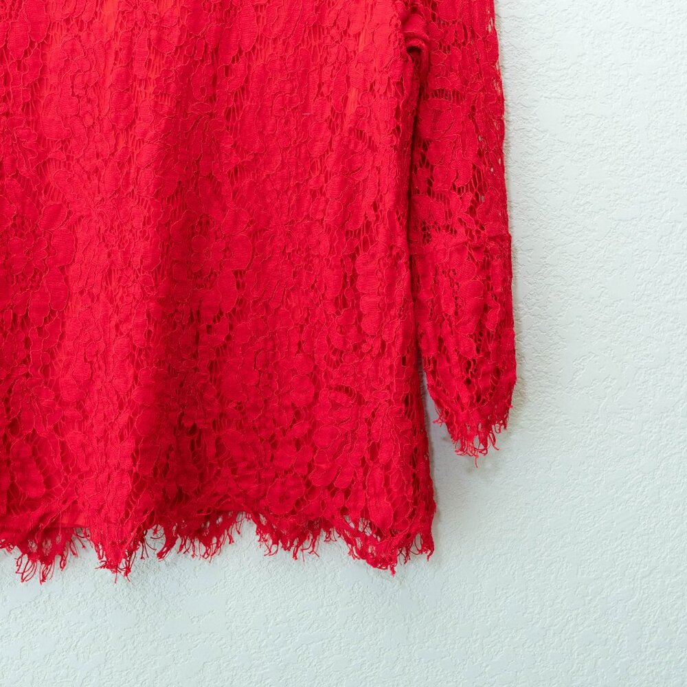 Zac & Rachel Red Lace Top Large V Neck Floral Lace Blouse Lined 3/4 Sleeve - Picture 13 of 13